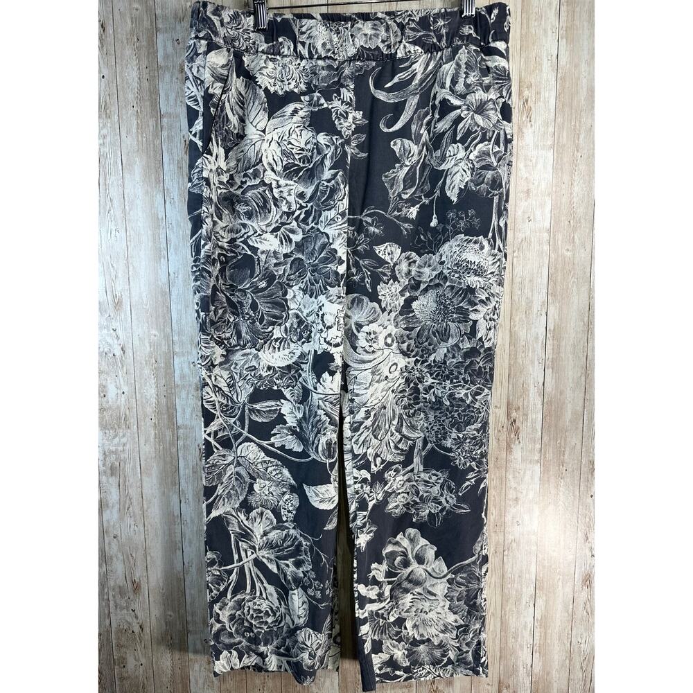 Loft Wide Leg Cropped Pants Womens M Gray‎ Botanical Floral Elastic Waist Lyocel